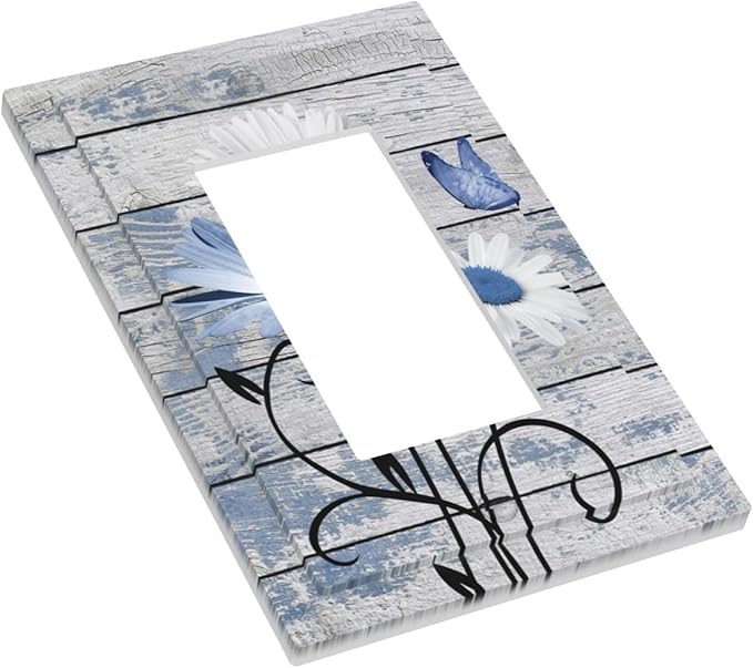Blue White Daisy Flower Butterfly Rustic Wood Board Decorative Outlet Covers 1 Gang Single Rocker Light Switch Cover Plate Wall Plates GFCI Faceplate for Farmhouse Bedroom Decor