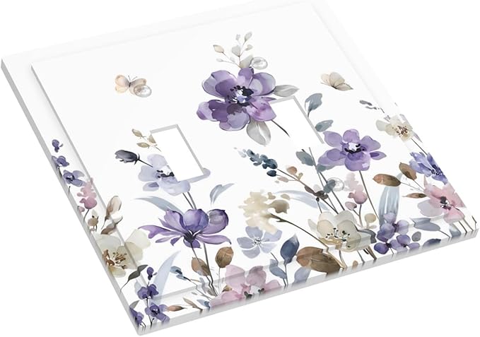 Purple Watercolor Flower Floral Butterfly Decorative Switch Plates 2 Gang Double Toggle Outlet Light Switch Cover Wall Plate Electrical Faceplate for Bedroom Living Room Decor