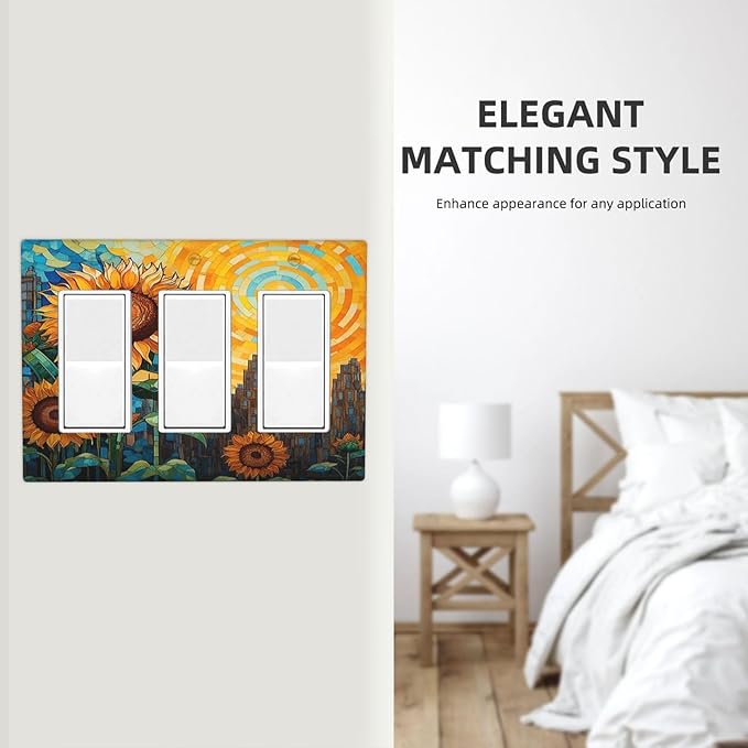 Abstract Sunflower Graffiti Floral Paint Art Flower Light Switch Covers 3 Gang Rocker Decorative Triple Outlet Wall Plate Cover Switchplate Electrical Gfci for Bedroom Living Room Decor