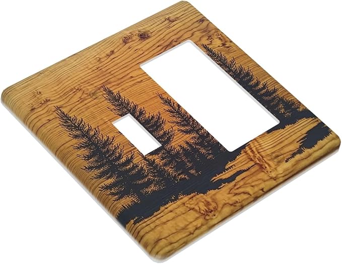 Outlet Covers Forest Pine Silhouette Rustic Wood Grain 1 Toggle 1 Rocker Combination Decorative Wall Plate Electrical Switch Plates Light Switch Cover Plate For Farmhouse Cabin Decor