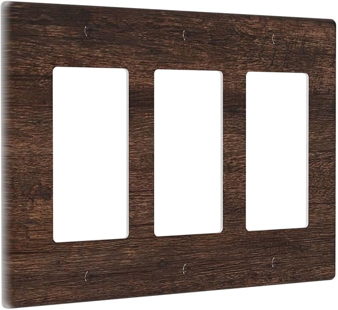 Decorative Light Switch Plate with Rustic Dark Wood Grain & Vintage Style Design 3 Gang Outlet Covers Triple Rocker Wall Plate Switch Plate Cover for Kitchen/Living Room