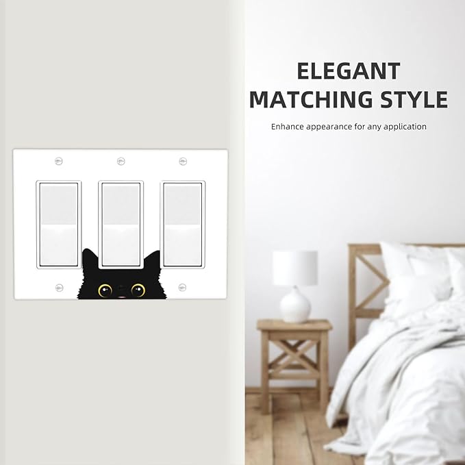 Cute Cat Black Triple Gang Rocker Decorative Light Switch Cover, 3-Gang Wall Plate Outlet Cover