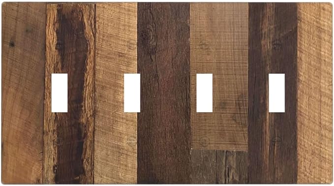 Light Switch Covers Natural Wood Brown Wooden Planks Quad Toggle Electrical Faceplate 4 Gang Wall Plate Decorative Switch Plates For Farmhouse Cabin Decor
