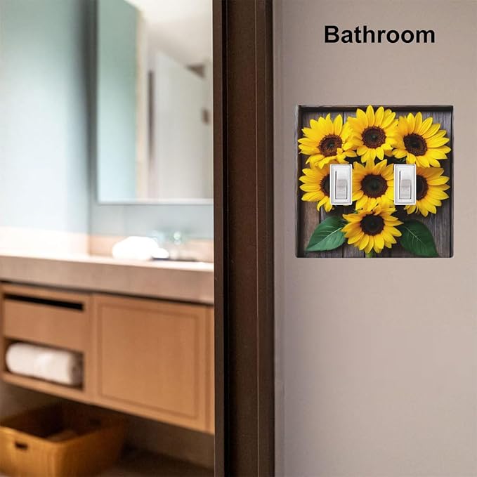 Sunflower Floral 2-Gang Double Toggle Switch Plate, Yellow Sunflower Faux Rustic Wood Wall Plate for Farmhouse, Bedroom, Kitchen & Sunroom
