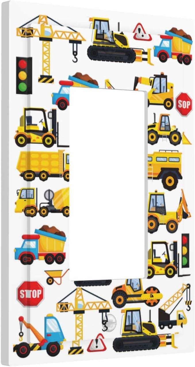 Kid Boy Construction Trucks Cartoon Car Excavator Tractor Vehicles Transport 1 Gang Single Decorator/GFCI Device Outlet Wall Plate Electrical One Rocker Decorative Light Switch Cover Faceplate Dimmer