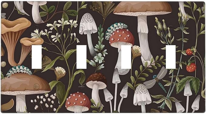 Vintage Boho Hippie Plant Mushroom 4 Gang Device Light Switch Cover Decorative Quad Toggle Wall Plate Decorative Electrical Faceplate for Home Bedroom Art Decorate