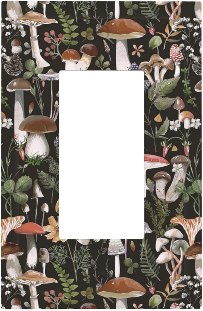 Mid Century Black Boho Mushroom Floral 1-Gang Decorator Rocker Outlet Light Switch Cover Plant Leaf Fungus Forest Botanical Decorative Single Device GFCI Receptacle Switch Wall Plate Dimmer Mid Size