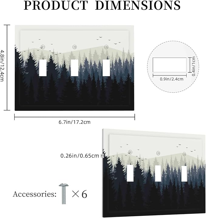 Decorative Switch Plates Forest Pine Tree Mountains Black Bird 3 Gang Wall Plate Triple Toggle Light Switch Cover Faceplate Electrical Wall Panels For Bed Room Farmhouse Decor