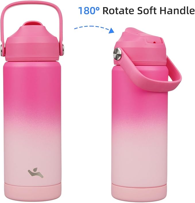 Konokyo Insulated Water Bottle with Straw Lid,18 oz Stainless Steel Vacuum Metal Bottle with Silicone Handle,Cherry Blossom
