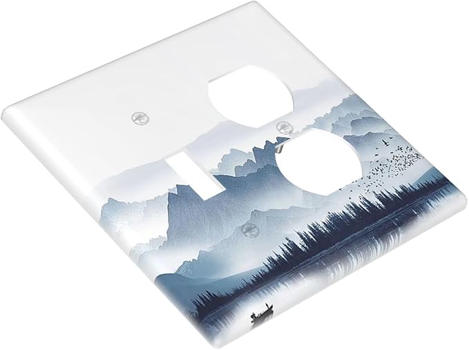 Wallplates Mountain Foggy Lake Boat Grey Blue Forest Birds 1 Toggle 1 Duplex Switch Plate Electrical GFCI Faceplate Decorative Light Switch Covers for Bedroom living Room Decor