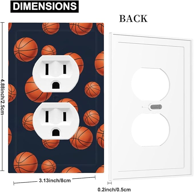 Basketball Duplex Wall Plate - 1-Gang Standard US Size Sports Design Navy Blue Outlet Covers, Vintage Basketball for Boys Room