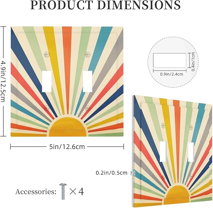 Retro Vintage Hippie Rainbow Boho 70s Mid Century Sun Abstract Sunrise Sunset Aesthetic Decorative 2-Gang Double Toggle Outlet Light Switch Wall Plate Electrical Receptacle Faceplate Cover Jumbo Size