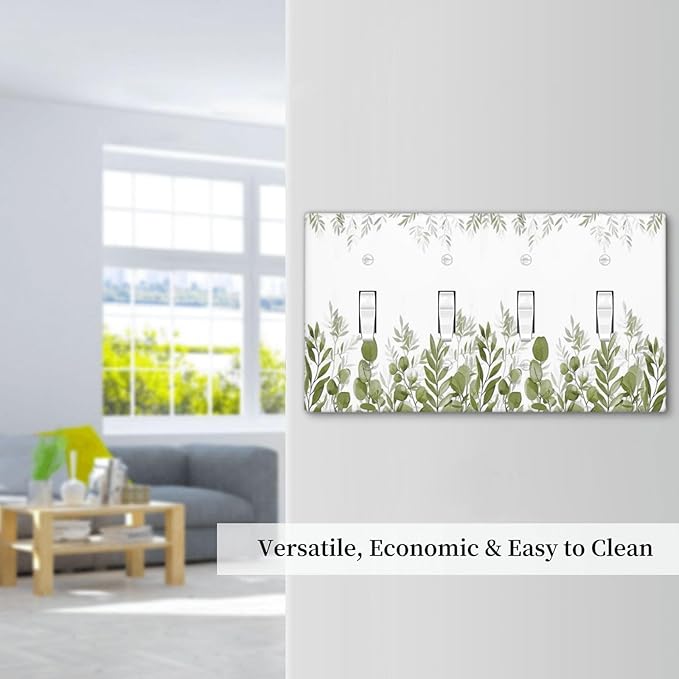Green Eucalyptus Plant Leaves Vine Light Switch Covers Quad Toggle Electrical Faceplate 4 Gang Wall Plate Decorative Switch Plates for Bed Room Living Room Decor