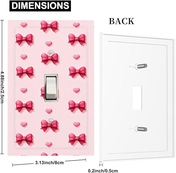 Pink Bow & Heart 1-Gang Toggle Light Switch Plate, Preppy Coquette Sweetheart Girly Decorative Wall Plate for Girls Room