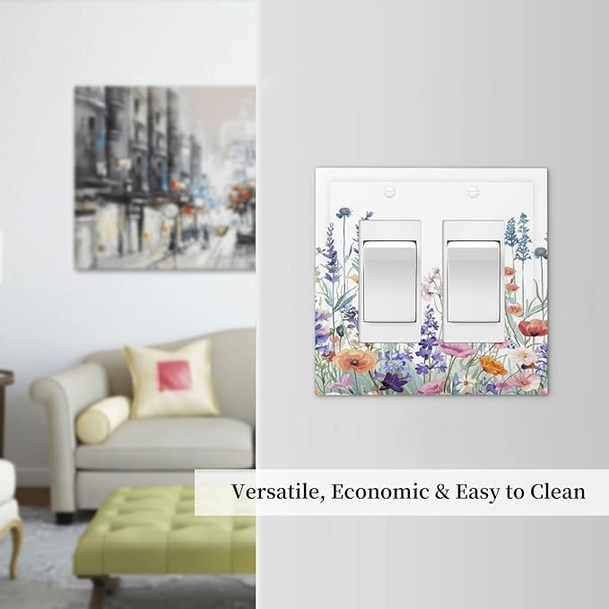 Colorful Floral Purple Lavender Flower Leaves Plants Decorative Outlet Covers 2 Gang Double GFCI Rocker Electrical Wall Panels Light Switch Cover Plate for Bed Room Living Room Decor