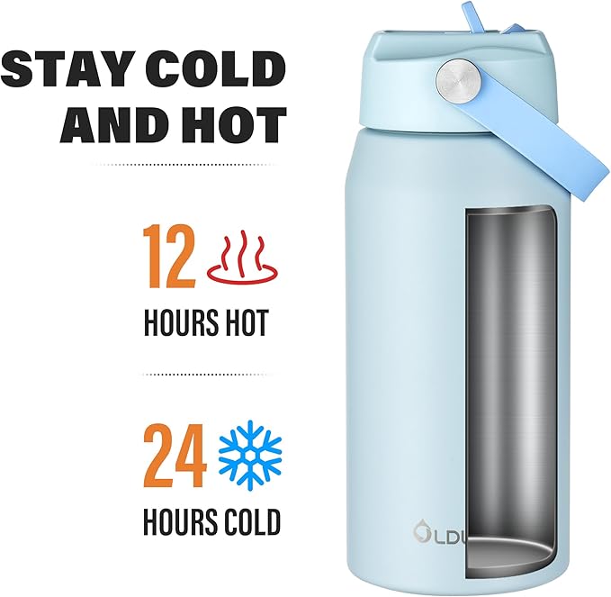 Oldley 18oz Insulated Water Bottle with Straw, Stainless Steel Water Bottle for Sports, Travel, School, BPA-Free Sports Bottles for Adult Kids, Leak-Proof, Light Blue