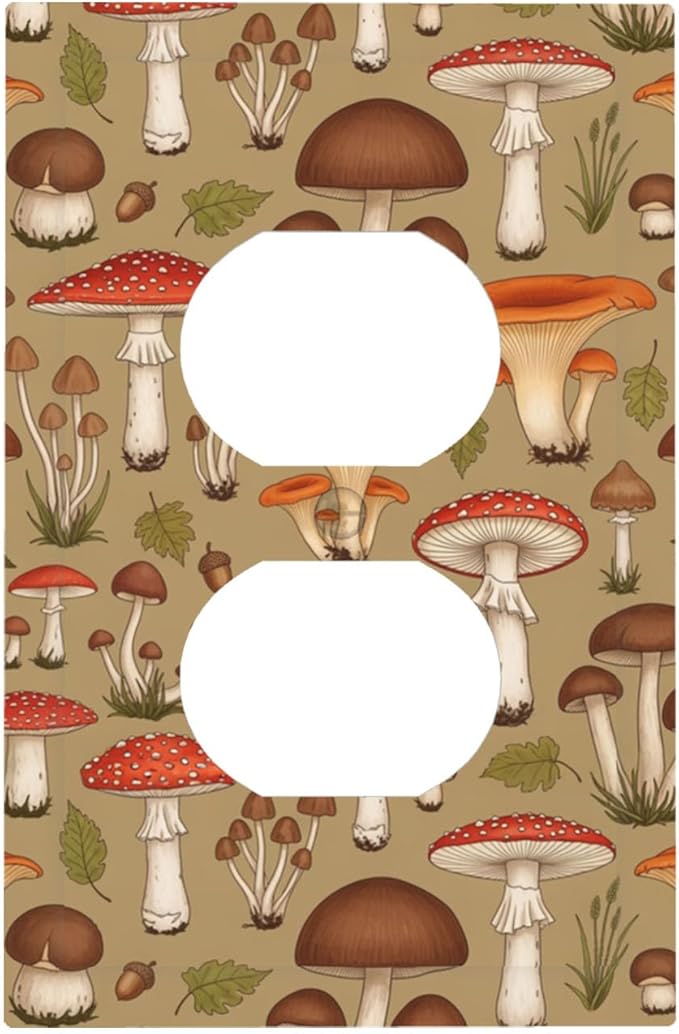 Whimsical Mycology Duplex Wall Plate - 1-Gang Standard US Size Vintage Mushroom Outlet Covers, Woodland Medley for Farmhouse Home Decor