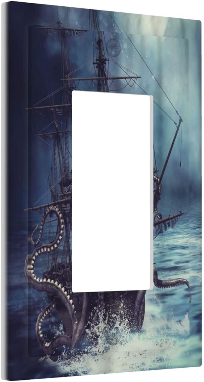 Octopus Ocean Kraken Nautical Pirate Ship 1 Gang Rocker Light Switch Covers Decorative Unique Single Decora Outlet Wall Plate Faceplate Switchplate GFCI for Kitchen Bedroom Bathroom Decor