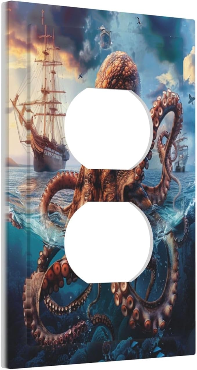 Decorative Outlet Covers Deep Ocean Octopus Sailboat Sea Monster 1 Gang Duplex Light Switch Cover Plate Electrical Switch plates WallPlates Socket Covers for Bathroom Bedroom Decor