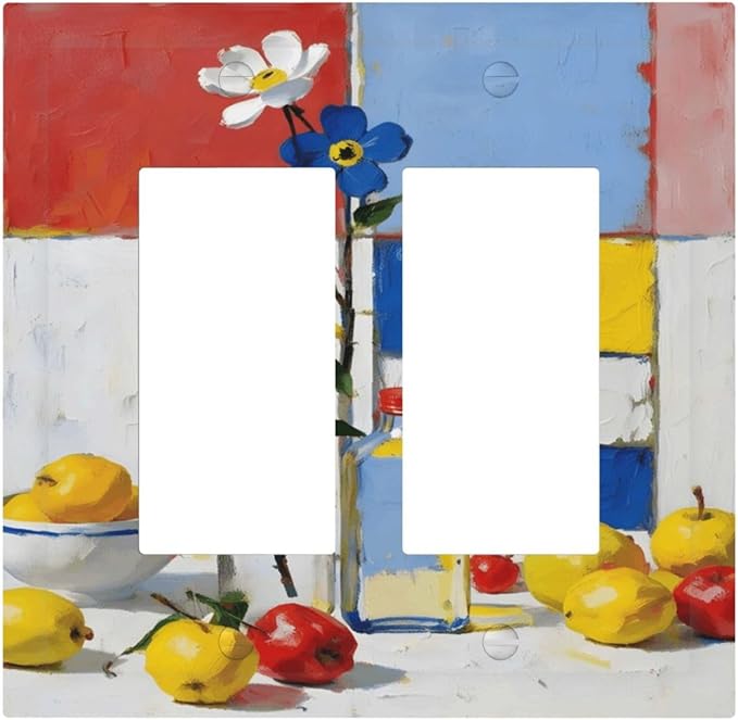 Color Block Floral Still Life Art Red Yellow Blue Abstract Decorative Outlet Covers 2 Gang Double GFCI Rocker Electrical Wall Panels Light Switch Cover Plate for Farmhouse Bedroom Decor