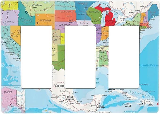 USA Map 3 Gang Triple Rocker/Decor Light Switch Wall Plate Cover Decorative Electrical Faceplate for Kids Living Room Bedroom Decor Screwless 6.57" x 4.65