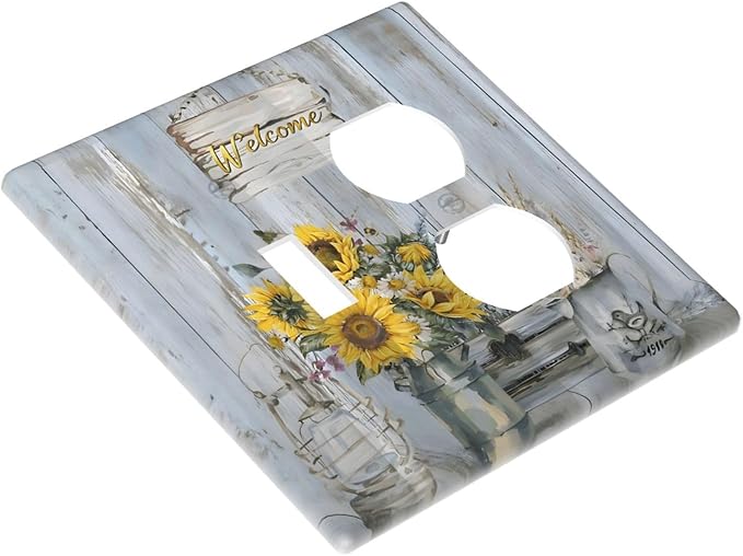 Rustic Sunflower Floral Vintage Wood Board Wallplates 1 Toggle 1 Duplex Switch Plate Electrical GFCI Faceplate Decorative Light Switch Covers for Farmhouse Home Decor