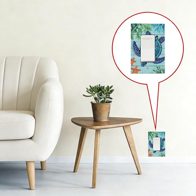Coastal Sea Turtle Single Rocker Switch Cover - 1-Gang Standard US Size Mosaic Starfish Light Switch Covers, Nautical Ocean Theme for Coastal Homes