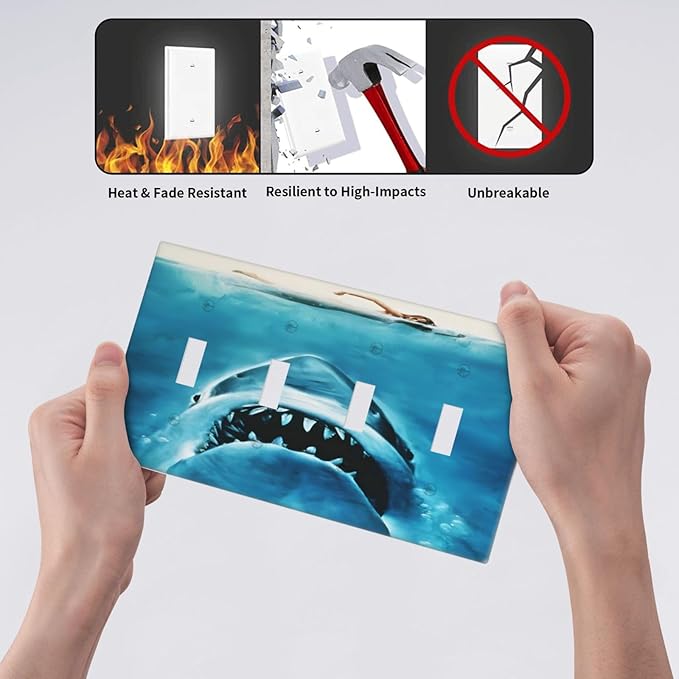 Swimming Woman Funny Shark Blue Ocean Light Switch Covers Quad Toggle Electrical Faceplate 4 Gang Wall Plate Decorative Switch Plates Cover for Kids Room Bedroom Decor
