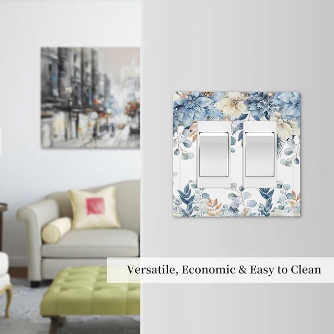 Blue Vine Snowflake Plants Leaves Floral Flowers Decorative Outlet Covers 2 Gang Double GFCI Rocker Electrical Wall Panels Light Switch Cover Plate for Bedroom Living Room Decor