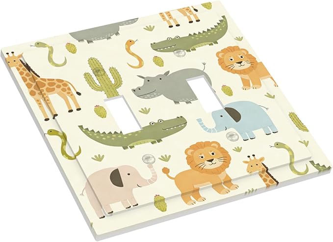 African Safari Animals Double Toggle Switch Cover - 2-Gang Standard US Size Cute Hippo Crocodile Lion Elephant And Giraffe Funny Wildlife Light Switch Covers for Boys & Girls Room Decor