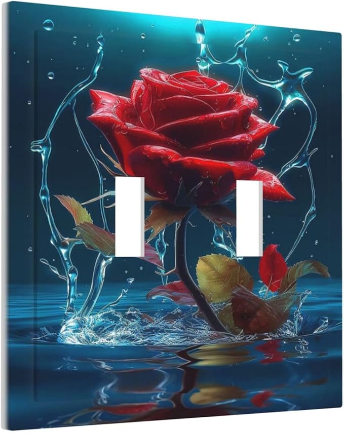 Red Rose Blue Water Drips Double Toggle Light Switch Cover Decorative 2 Gang Wall Plate Electrical Faceplate Switchplate for Kidroom Bathroom Bedroom Living Room Decor