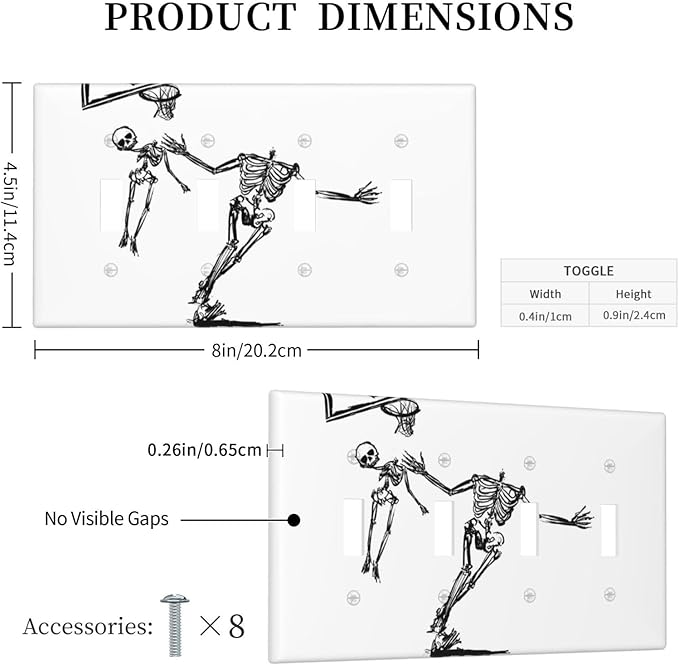 Light Switch Covers Skeleton Basketball Funny Skull Stick Figure Quad Toggle Electrical Faceplate 4 Gang Wall Plate Decorative Switch Plates For Home Office Decor