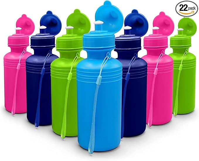 4E's Novelty 22 Pack Water Sports Bottles for Kids Bulk, 18 oz Squeeze Reusable Plastic Neon Colors BPA Free Bike Water Bottles, Party Favor, End of Year Student Gifts from Teacher