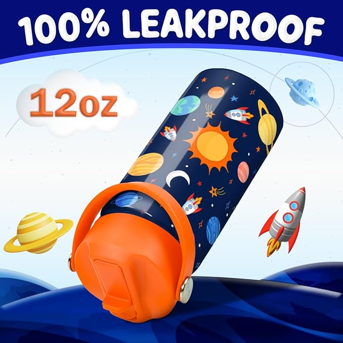 Space Water Bottle - Kids Water Bottle with Straw Lid - 12 Oz Insulated Stainless Steel Water Bottles for Kid Boys Girls - Travel Cup for School Sports