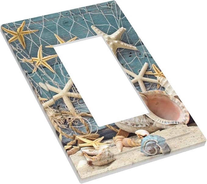Nautical Beach Starfish Coral Conch Seashell Theme 1 Gang Rocker/Decorator GFCI Outlet Light Switch Wall Plate Cover Single Device Faceplate Turquoise Teal Wood Plank Board Decorative Switchplate