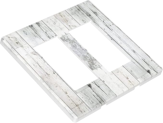 Grey White Wood 2 Gang Double Rocker/Decor Light Switch Cover Decorative Outlet Wall Plate Electrical Faceplate Home Bedroom Art Panel Decor Screwless 4.7" x 4.6