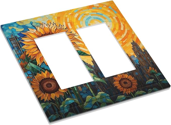 Abstract Sunflower Graffiti Floral Paint Art Flower Decorative Outlet Covers 2 Gang Double Gfci Rocker Electrical Wall Panels Light Switch Cover Plate for Bedroom Living Room Decor