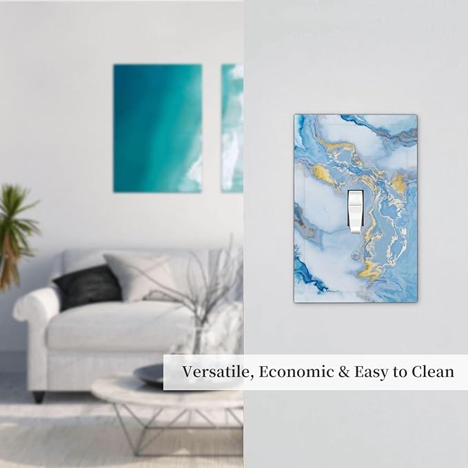 Beautiful Marble Texture Blue Gold Fluid Abstract Print Decorative Light Switch Cover 1 Gang Single Toggle Device Electrical Faceplate Switchplates Decorator Outlet Wall Plate for Bedroom Bathroom
