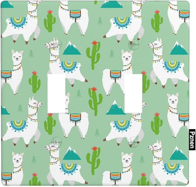 Cute Llama Cartoon Double Toggle Light Switch Cover, Alpaca Animal Theme 2-Gang Wall Plate for Boys Girls Nursery Kids Bedroom Decor