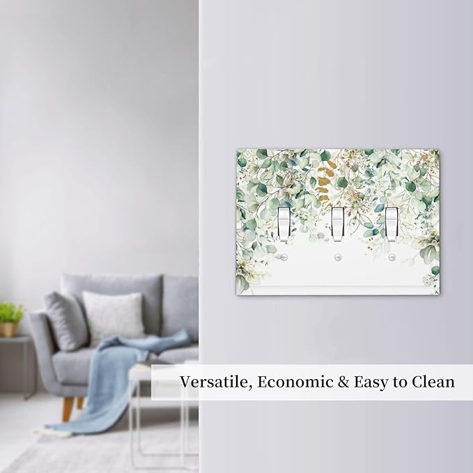 Gold Green Eucalyptus Leaves Plants Flowers Floral Decorative Switch Plates 3 Gang Wall Plate Triple Toggle Light Switch Cover Faceplate Electrical Wall Panels for Bedroom Living Room Decor