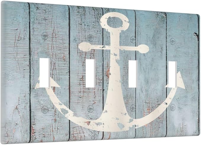 Anchor Rustic Sailing Nautical Wooden Planks Marine Light Switch Covers Quad Toggle Electrical Faceplate 4 Gang Wall Plate Decorative Switch Plates Cover for Bathroom Farmhouse Decor