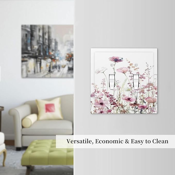 Floral Pink Watercolor Wildflowers Plant Flower Decorative Switch Plates 2 Gang Double Toggle Outlet Light Switch Cover Wall Plate Electrical Faceplate for Bedroom Living Room Decor