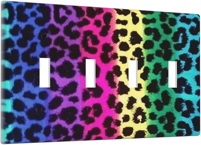 Rainbow Colorful Leopard 4 Gang Light Switch Cover Decorative Quad Toggle Wall Plate Decorative Electrical Faceplate For Girls Boys Home Bedroom Decorate Large Size 8" x 4.5