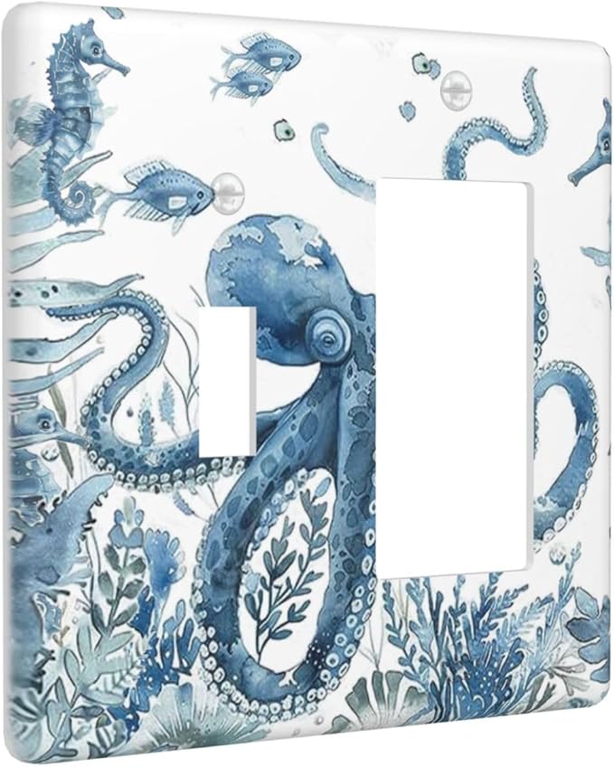 Blue Octopus Squid Seahorse Coral Watercolor Wild Sealife Outlet Covers 1 Toggle 1 Rocker Combination Decorative Wall Plate Electrical Switch Plates Light Switch Cover Plate for Bathroom Kids Room