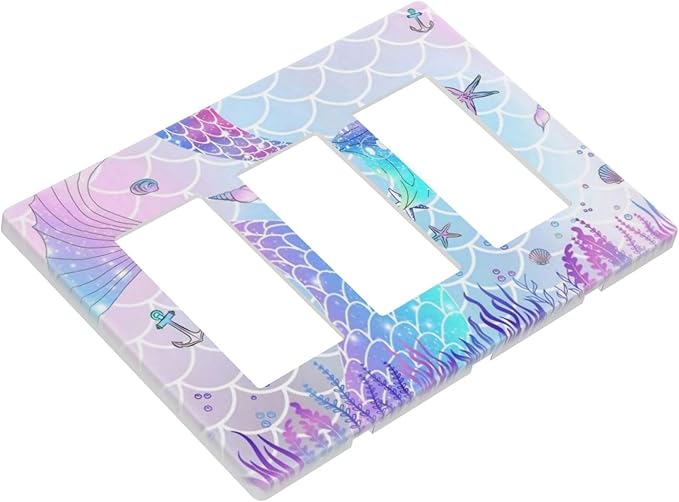 Cartoon Pink Girl Mermaid Scales Tail 3 Gang Triple Rocker/Decorator Light Switch Wall Plate Cover Decorative GFCI Electrical Faceplate Switchplate Dimmer