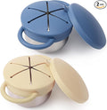 2 Pack Stainless Steel Spill Proof Snack Cup for Baby Toddlers Kids, with Silicone Food Catcher, Travel Lid, Spill-Proof Bowl Containers, Non Toxic BPA Free (Morandi Blue and Off-white)