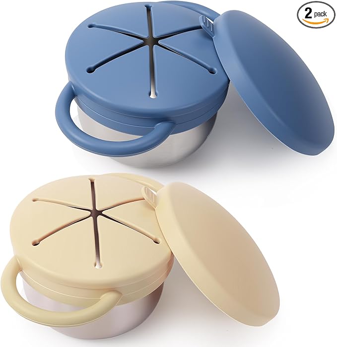 2 Pack Stainless Steel Spill Proof Snack Cup for Baby Toddlers Kids, with Silicone Food Catcher, Travel Lid, Spill-Proof Bowl Containers, Non Toxic BPA Free (Morandi Blue and Off-white)
