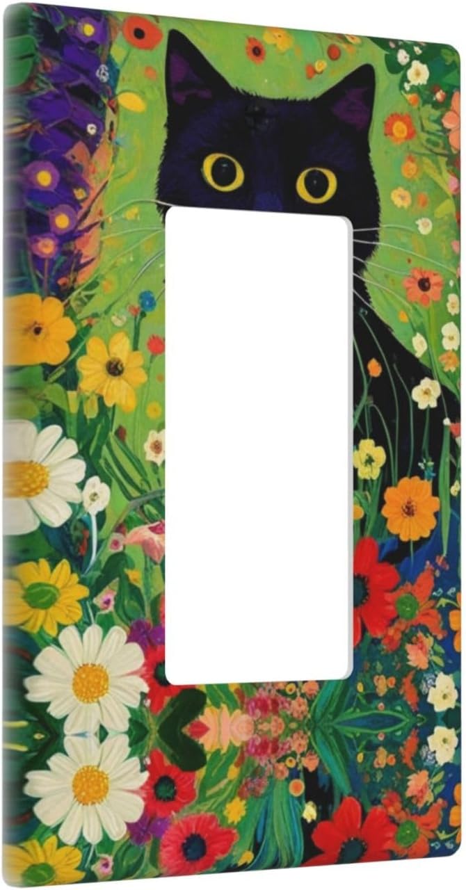 Decorative Art Light Switch Covers Cute Cat & Floral 1 Gang Rocker Outlet Wall Plate Switchplate Electrical Faceplate for Kid Home Decor