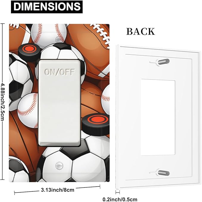 All-Star Sports Balls Collage Single Rocker Switch Cover - 1-Gang Standard US Size Football Baseball Soccer Game Day Themed Light Switch Covers for Boy's Bedroom Decor