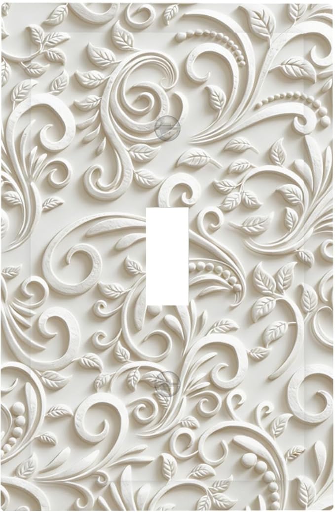 White Floral Vine 1-Gang Toggle Light Switch Plate, French Scroll Printed Pattern Decorative Wall Plate, Neutral Farmhouse Decor for Bedroom Bathroom Living Room